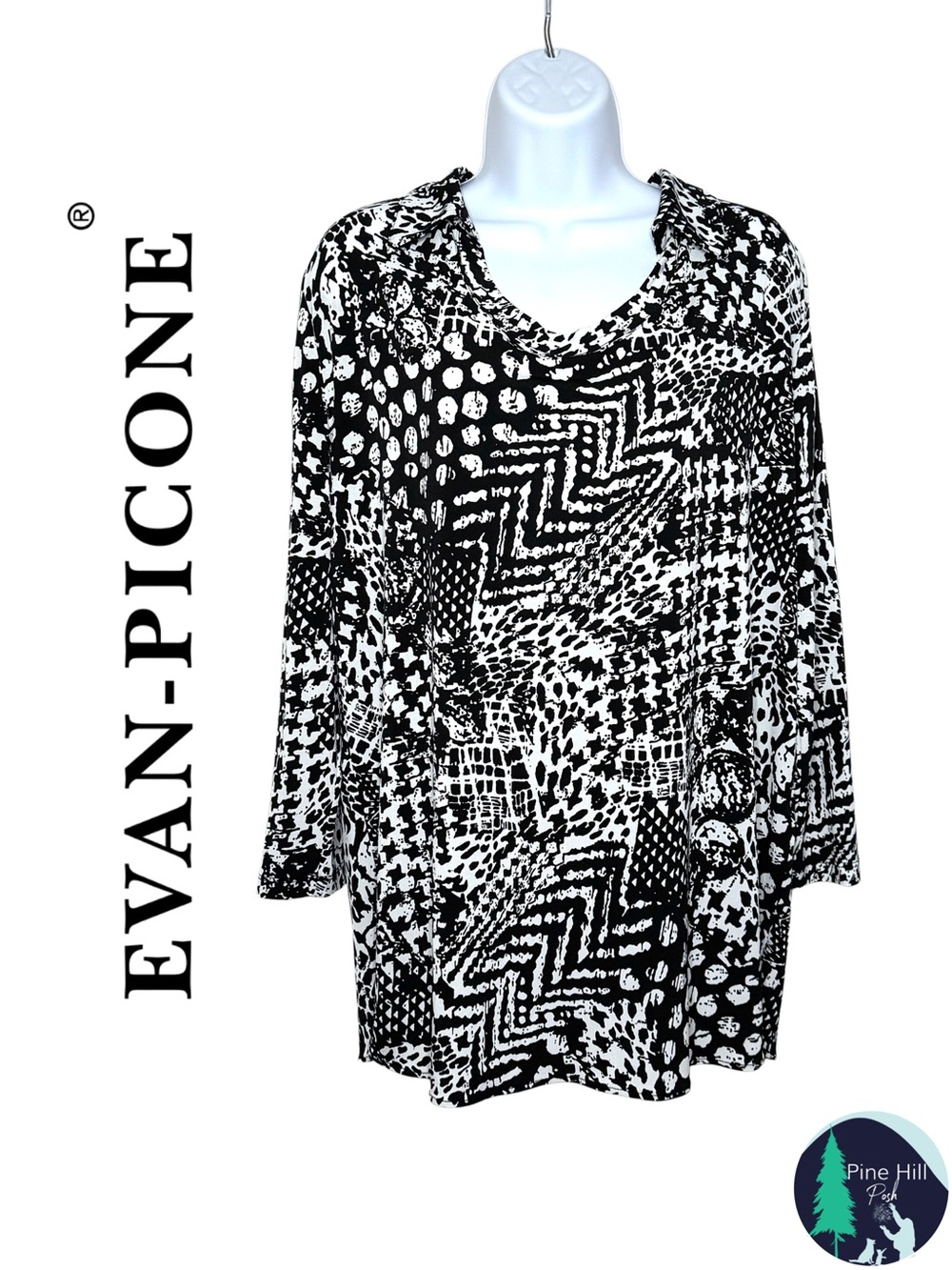 Evan Picone Blouse Tunic Pullover Medium Black White Collared 3/4 Sleeve Stretch